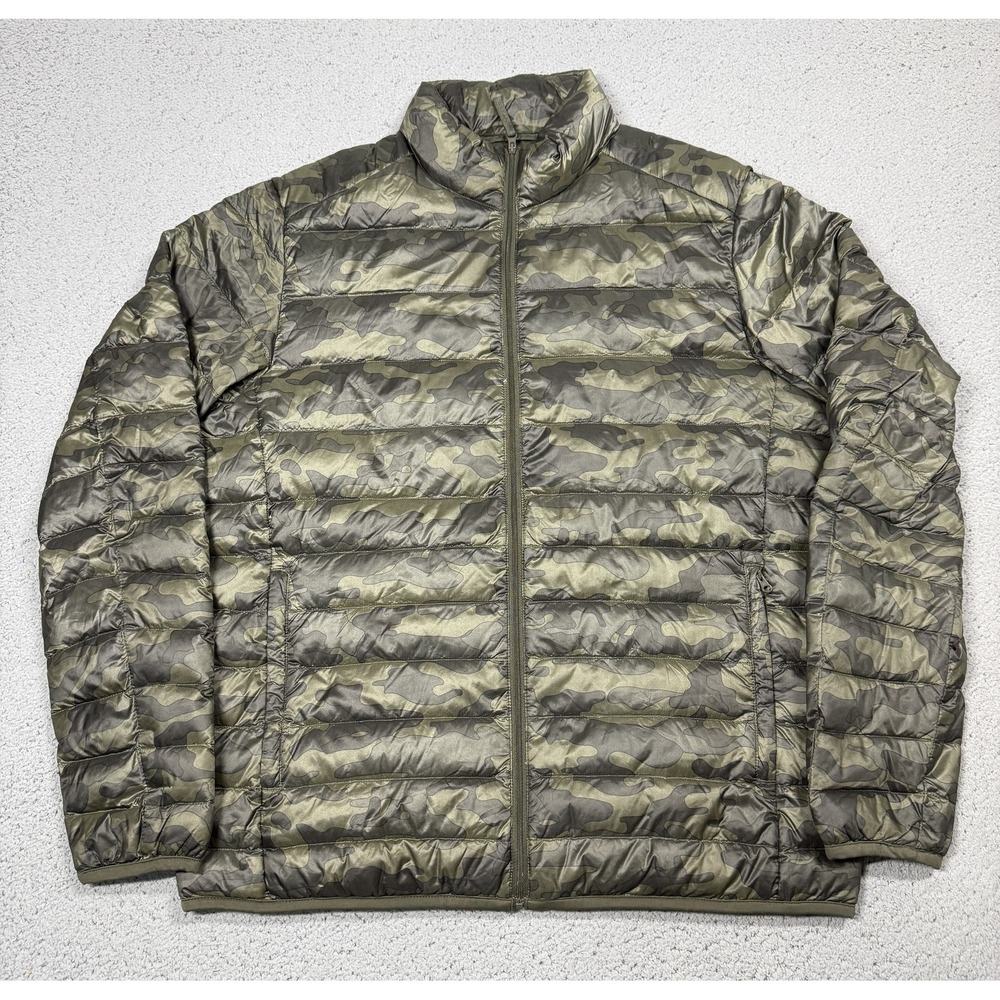 Uniqlo Jacket Mens Large Green Camo Down Puffer Full Zip Water Resistant